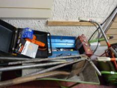 Wheelbarrow containing long handled garden tools, cantilever toolbox and an electric hand drill E/T