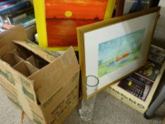 Set of six modern chimney glass vases in a box, a thirty bottle boxed wine rack and mixed prints