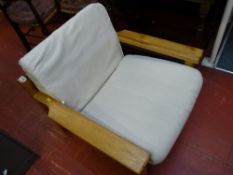 Pair of modern pine armchairs with canvas style upholstery