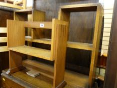 Two vintage oak bookstands, pair of light wood side chairs, formica topped twin flap table and a