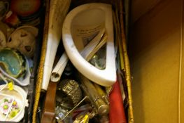 Two baskets of miscellaneous metalware, treen etc