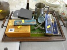 Treen tray with mother of pearl decoration, wooden box, souvenir spoons, tankard etc