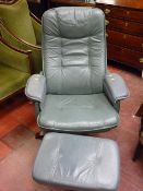 Modern green leather effect swivel armchair with matching footstool