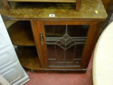 Vintage walnut trolley bookcase with leaded glass door and a reproduction glass topped corner