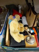 Box of mixed items including coffee grinder, soft toys etc