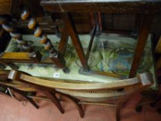 Needlework topped coffee table, glass covered and two cane seated bedroom chairs