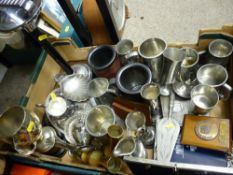 Box of white metal tankards, trophy cups and similar items