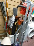 Small plastic bin containing long handled garden tools, Flymo grass trimmer, 1400w cylinder vacuum