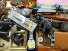 Tray of collectables including a silver and enamel pot and cover