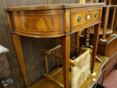 Reproduction mahogany single drawer hall table on reeded supports and a string topped oak footstool