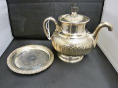 EPBM infuser teapot by James Dixon for J J Royle, Manchester on a non-matching circular tray