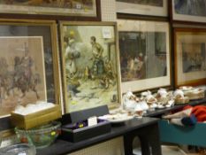 Unsigned framed watercolour study - man in full Cavalry uniform with horses and three further prints