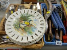 Three ribbon plates, tray of flatware etc