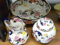 Large Masons Mandalay pedestal fruit bowl, an octagonal jug and a lidded ginger jar in the same