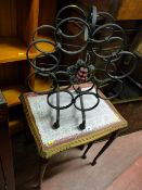 Nest of two coffee tables, black japanned metal wine rack and a small washed rug