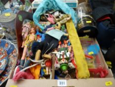 Box of vintage toys including dolls, boxed Airfix battleship of HMS Tiger, other toys and a