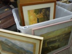 Large plastic tub containing prints, etchings etc