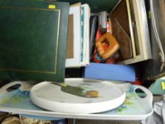 Box of mixed items including framed silkwork panels etc