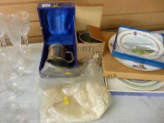 Commemorative cased tankard, another tankard, small parcel of linen and three boxed display plates