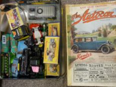 Tin of Matchbox and Corgi etc diecast vehicles (some boxed) and a 1929 Autocar magazine