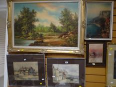 Framed oil on canvas - landscape, framed watercolour of buildings & another & two further paintings