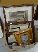 Box of framed prints, watercolours, picture frames