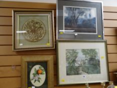 Four various pictures including an embroidered panel