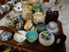 A tray of mainly Chinese decorated china items including small cloisonne bowl, tea bowls etc