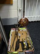 A parcel of fireside metalware, a copper bed warming pan and a white metal wine funnel