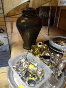 A modern metallic table lamp & a parcel of EPNS & brassware, collector's spoons etc