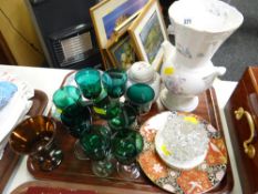 Sundry green glass goblets, an Aynsley twin-handled vase, commemorative plate etc