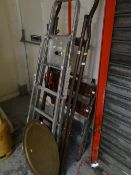 Two folding stepladders, a Black & Decker work mate bench & a brass Benares circular tray