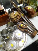 A parcel of carved souvenirs including animals & sundry metalware