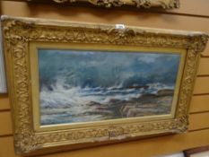 Framed oil on canvas - crashing waves on rocks by L DEAKIN, signed & dated 1902