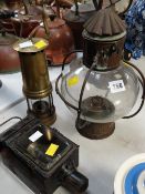 A brass & glass lantern, a nineteenth century brass miner's lamp inscribed O T EDWARDS 1895 with