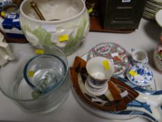 Large lily decorated planter, two brass pestle & mortar, small Dresden vase, two small items of