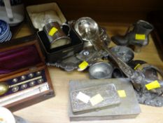 Sundry metalware, a cased vintage hydrometer by Sikes etc (kept in the cabinet for safe keeping)