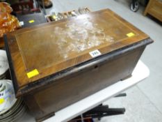 An antique three-bell (one missing) music box in a marquetry case (for restoration / parts)