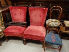 A pair of bedroom chairs, two small chairs with tapestry seats etc