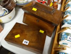 An antique sarcophagus shaped tea caddy & small wooden box