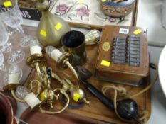 An early twentieth century primitive 'New System Telephone', a brass table lamp etc