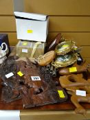 A parcel of carved ornaments, miniature portrait prints etc