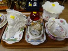 Two Coalport trays, a Masons soap dish, a glass paperweight, sundry Staffordshire china etc