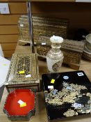 A parcel of exotic tableware including two gilt caskets, a mother-of-pearl & marquetry bible box,