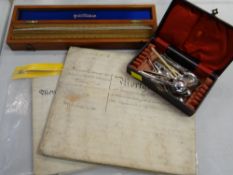 An antique mortgage parchment, a small box of mainly EPNS preserve / mustard spoons etc