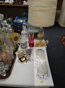 A cut glass square based decanter, a cut glass vase & an antique pint measure jug, acanthus design