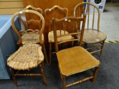 A pair of rush seated chairs with shaped backs, a wooden bentwood chair & two further chairs