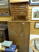 A vintage two-door tallboy together with a small three-drawer reproduction chest