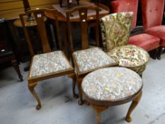 A pair of splat back chairs, a floral upholstered bedroom chair & an oval stool