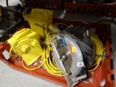 A 110V Bosch skill saw together with 110V double socket transformer & four socket extension lead
